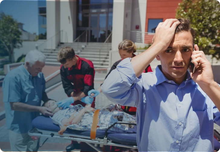Stressed man on phone with emergency background medical scene, potential disability crisis.