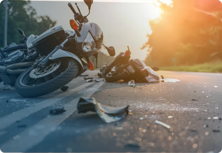 Destroyed motorcycle on the road after a severe collision, indicating high damages for a motorcycle accident claim.