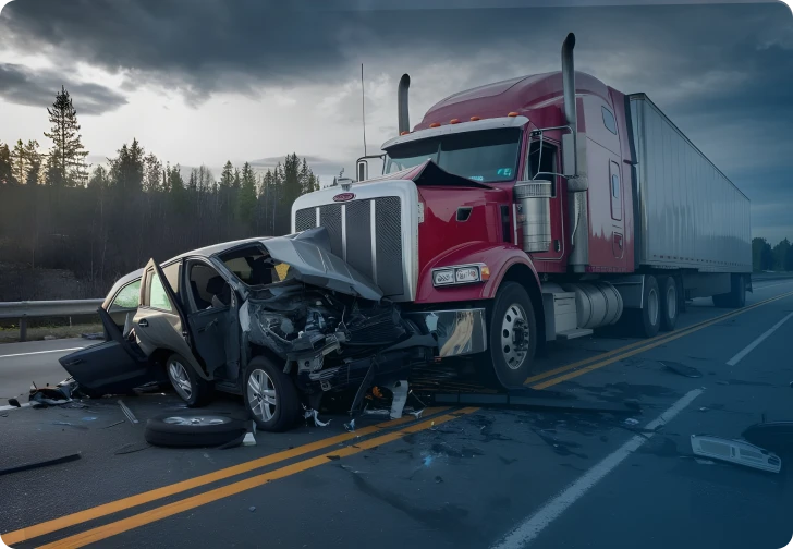 Collision between a truck and a car on a highway, requiring a truck accident lawyer.