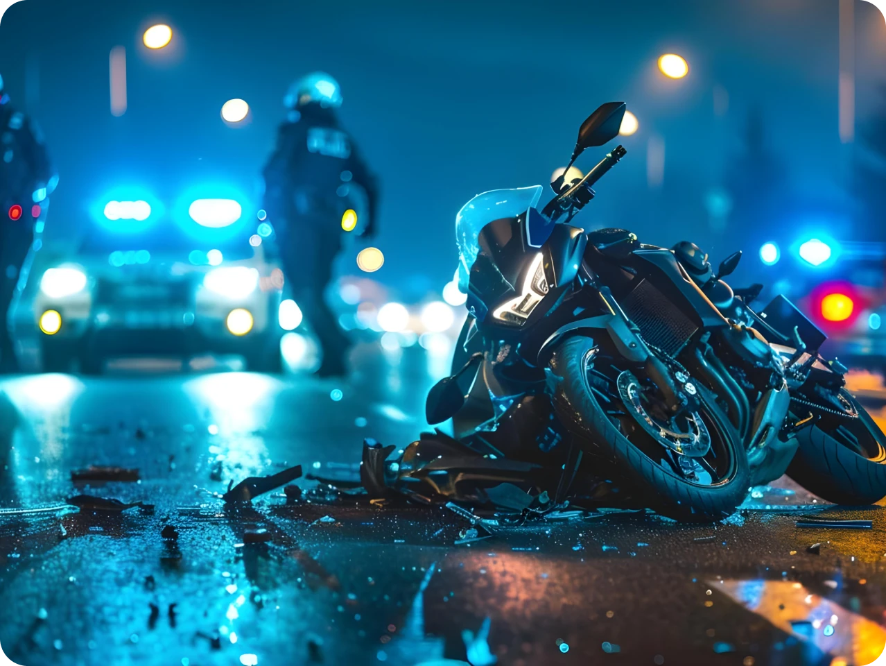 Destroyed motorcycle on the road after a severe collision, indicating high damages for a motorcycle accident claim.