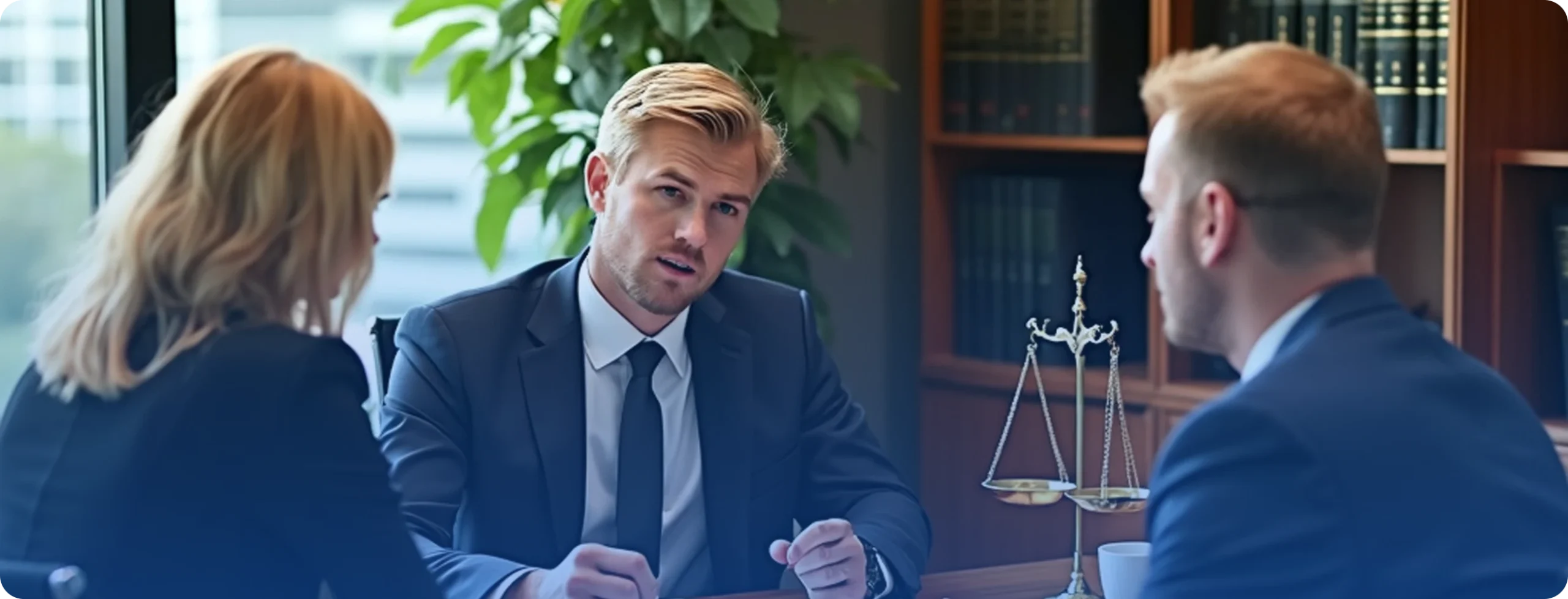 Three business professionals in a meeting at an office table, discussing legal matters with scales of justice visible on the desk.