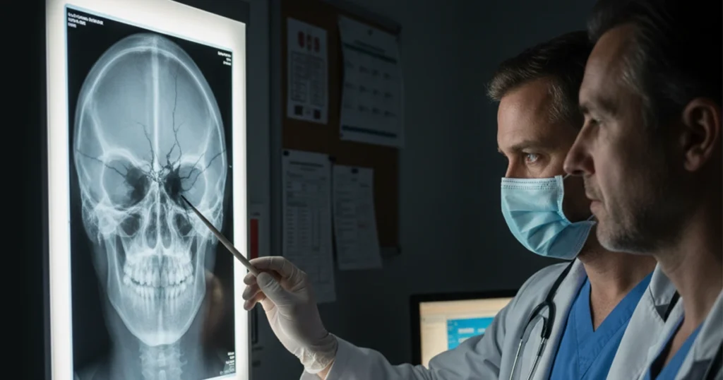 Doctors reviewing a fractured skull X-ray.