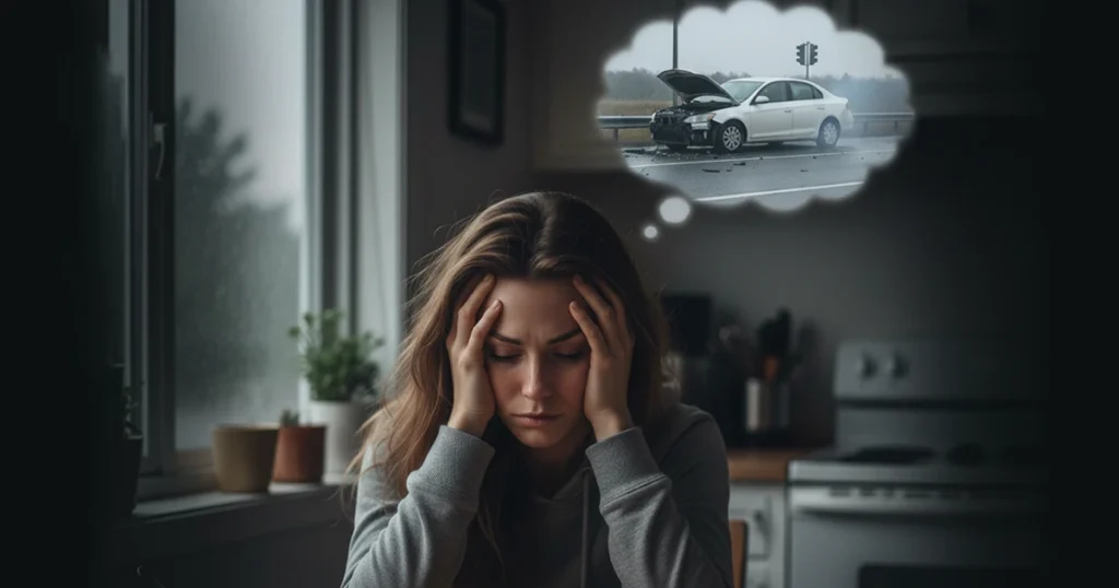 Woman stressed at home imagining a car accident
