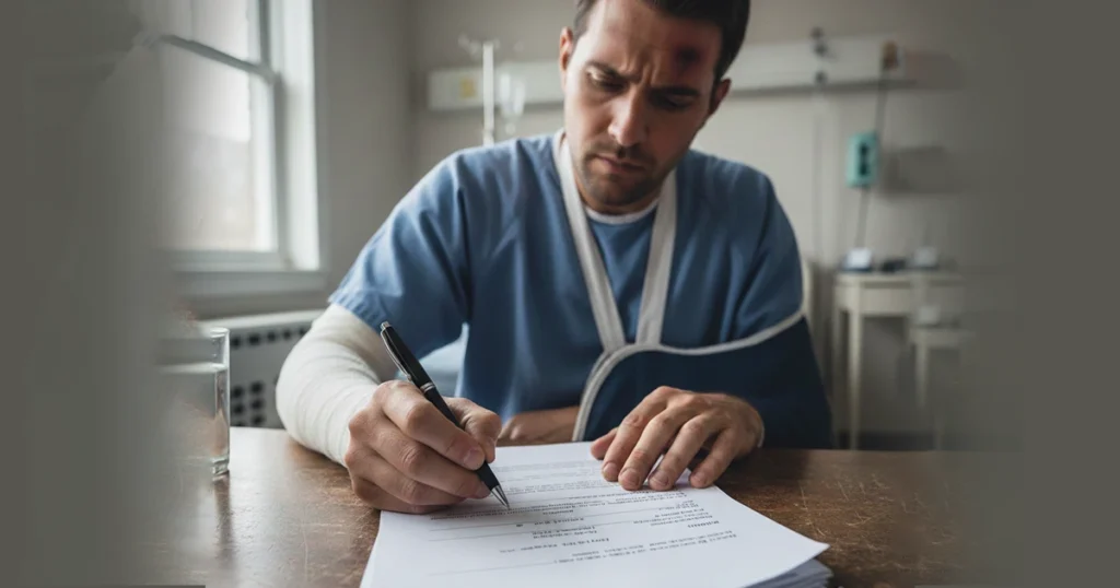 Injured man with arm sling signing medical paperwork.