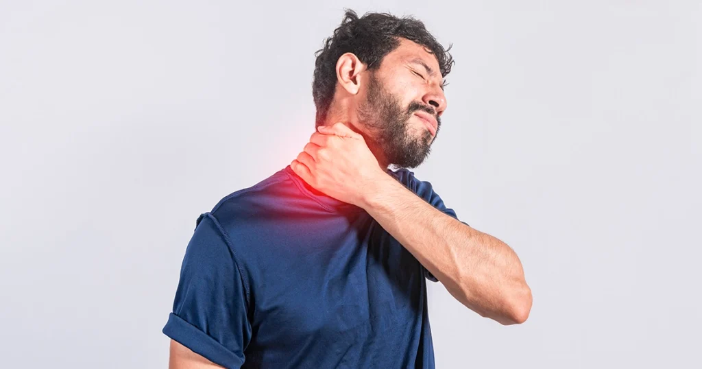 Man holding neck in pain with red highlighted area