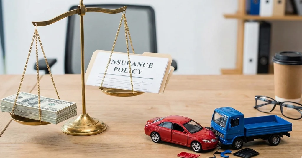 Car accident scene with insurance policy and money scale
