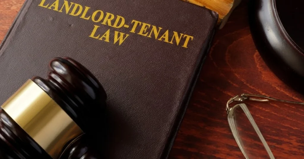 Landlord-tenant law book and gavel.