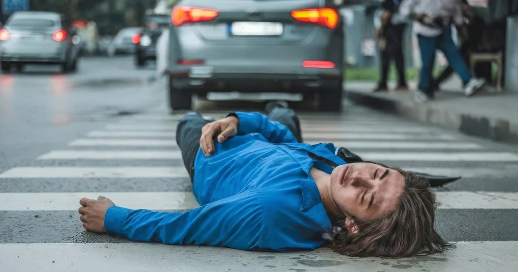 Unconscious pedestrian on wet road after accident.