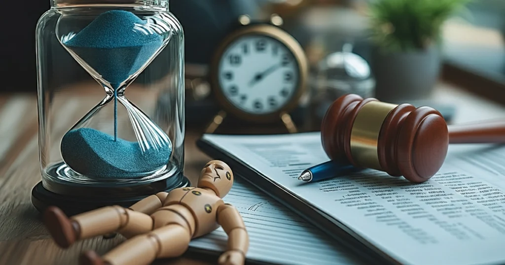 Hourglass and gavel on legal documents.