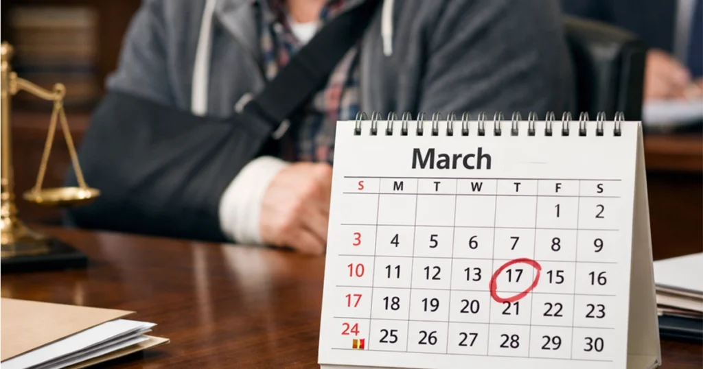 Injured man with arm sling sitting in a lawyer’s office, March calendar on desk with a circled date.