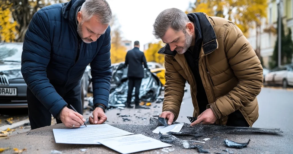 Men signing papers at car accident scene.