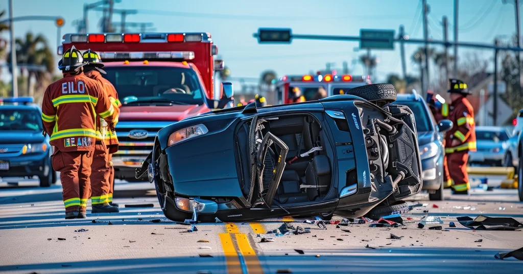 Overturned car with emergency responders.