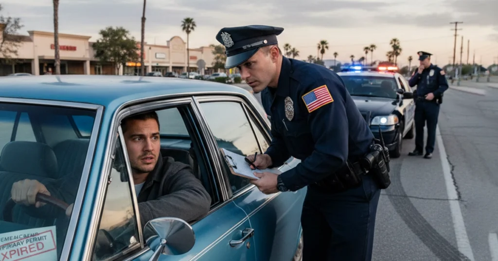 Police officer issuing roadside ticket.
