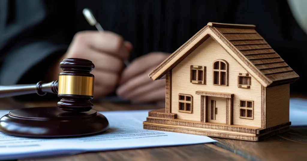 House model and gavel on paperwork.